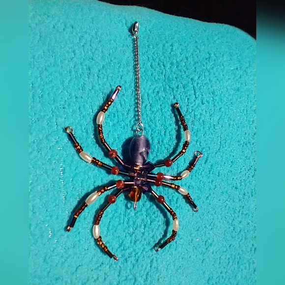 Hand Crafted Jewelry - Artisan Beaded Spider Pendant • Purple and Brown